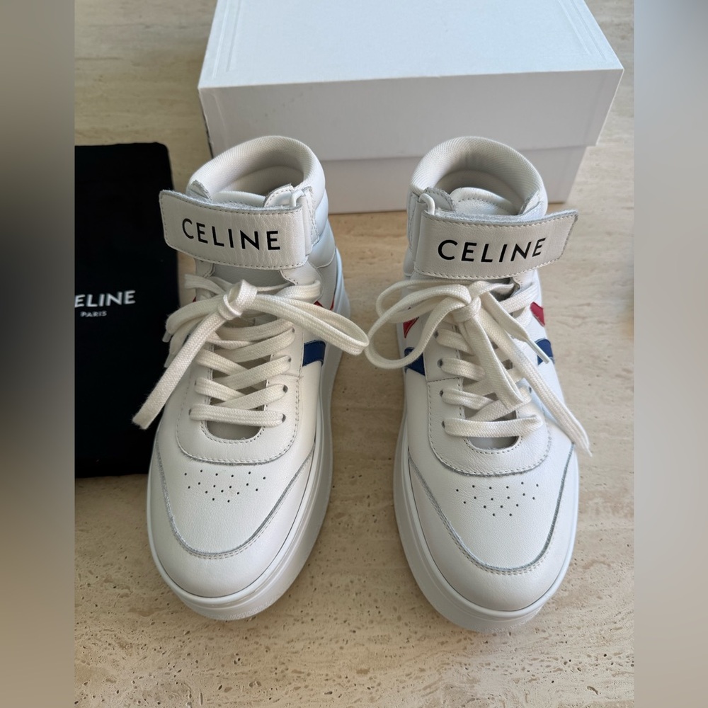 New Celine Mid Lace-up White Calf Skin Sneakers Size:37 - Picture 3 of 16